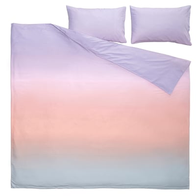 Lavender to pink ombré bedding set, featuring duvet cover and pillowcases, crafted from soft recycled polyester and viscose.