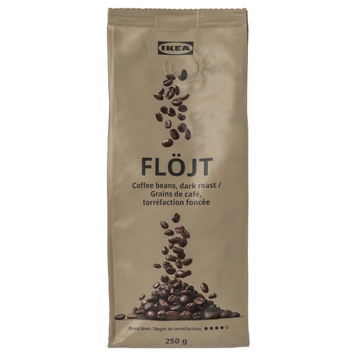 Image a package of IKEA FLÖJT dark roast coffee beans. Beans are depicted on the light brown packaging, weighing 250g.