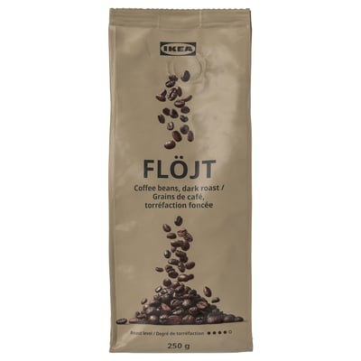 Image a package of IKEA FLÖJT dark roast coffee beans. Beans are depicted on the light brown packaging, weighing 250g.