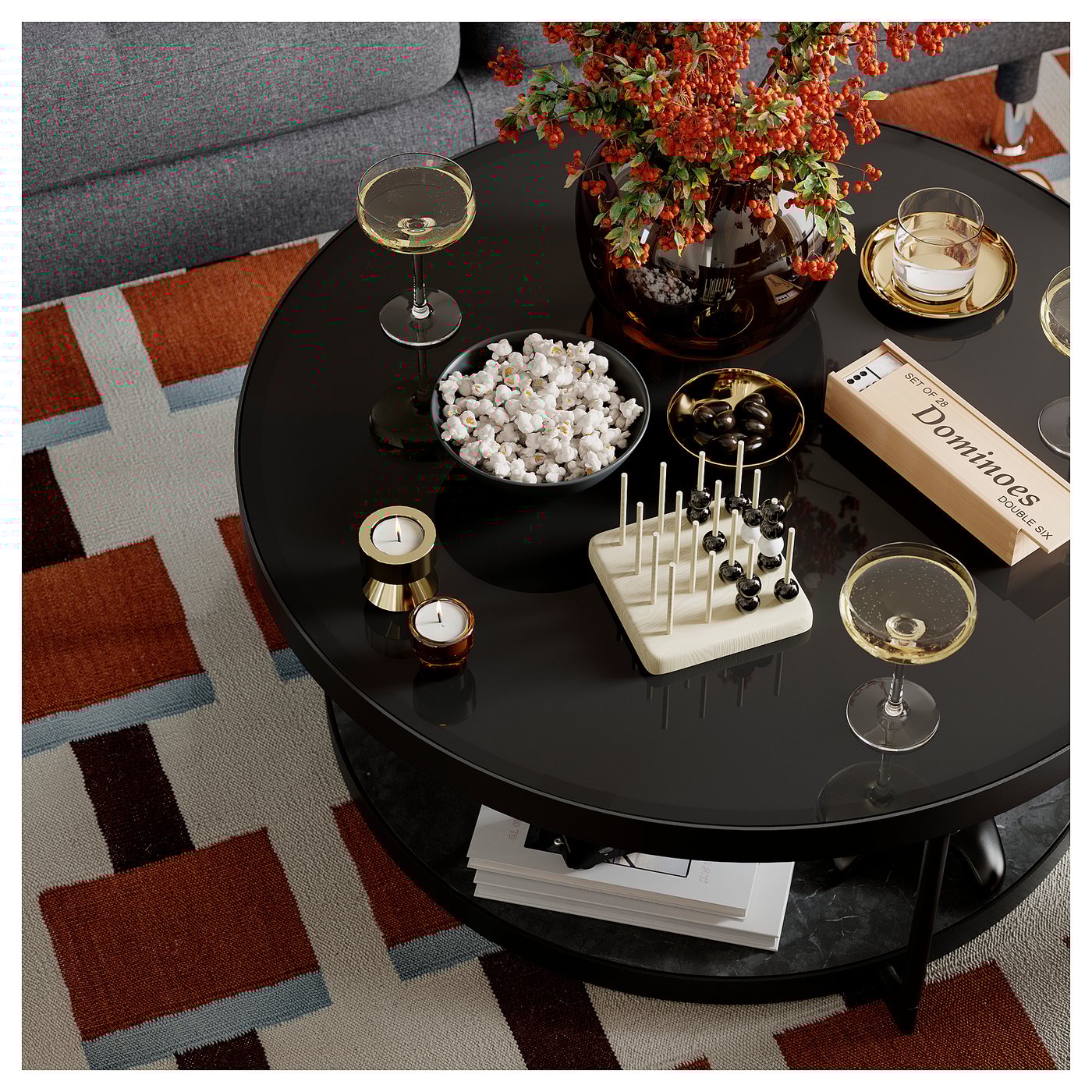 FRÖTORP coffee table, anthracite marble effect/black glass, 88 cm