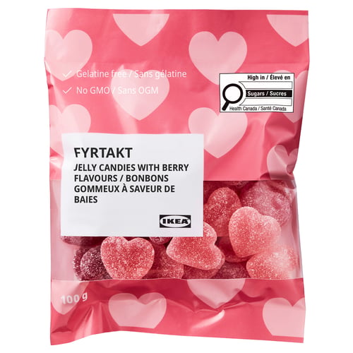 Pink heart-shaped gummy candies, FYRTAKT, berry-flavored, gelatine-free, gmo-free, health canada logo.