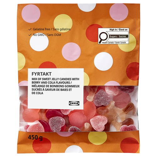 Bag of FYRTAKT candy, featuring mixed berry and cola flavours, heart and circle shapes, gelatin-free and no gmo, 450g.