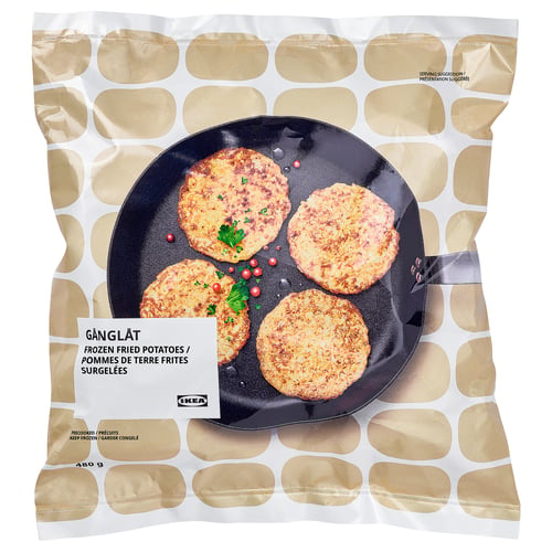 IKEA frozen food package, GÅNGLÅT, showing fried potato pancakes.