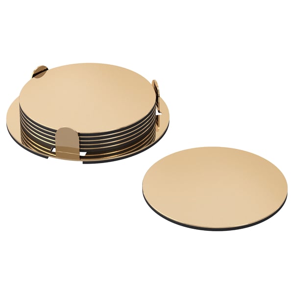 GLATTIS coasters with holder, brass color, 8.5 cm (3) - IKEA CA