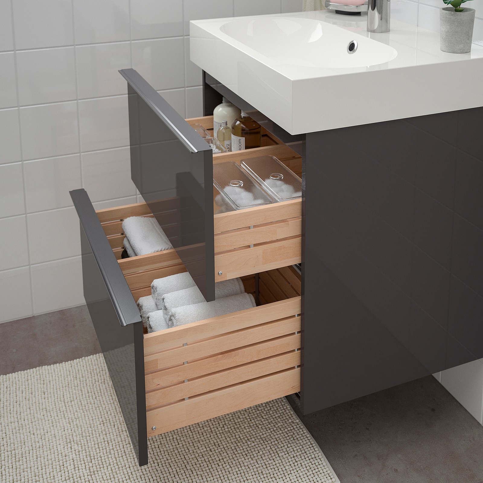 / BRÅVIKEN Bathroom vanity high gloss gray, Brogrund faucet