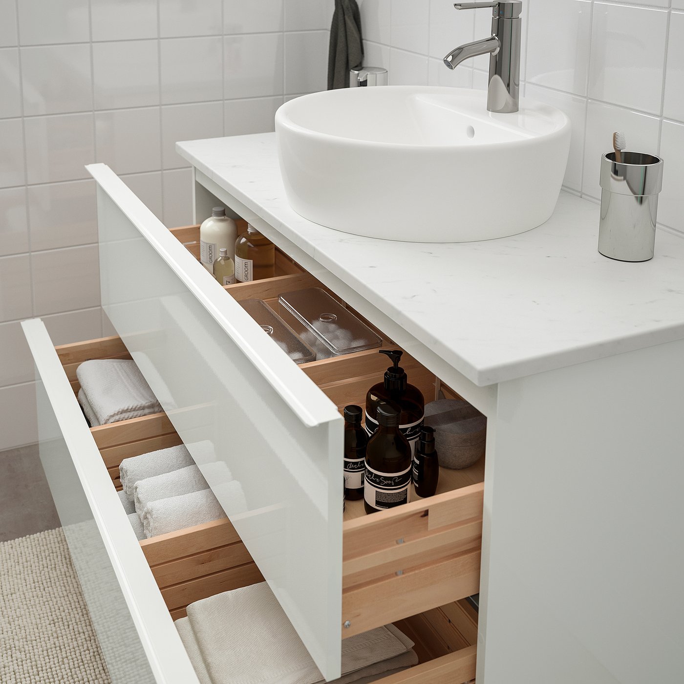 / TÖRNVIKEN Bathroom vanity high gloss white, marble