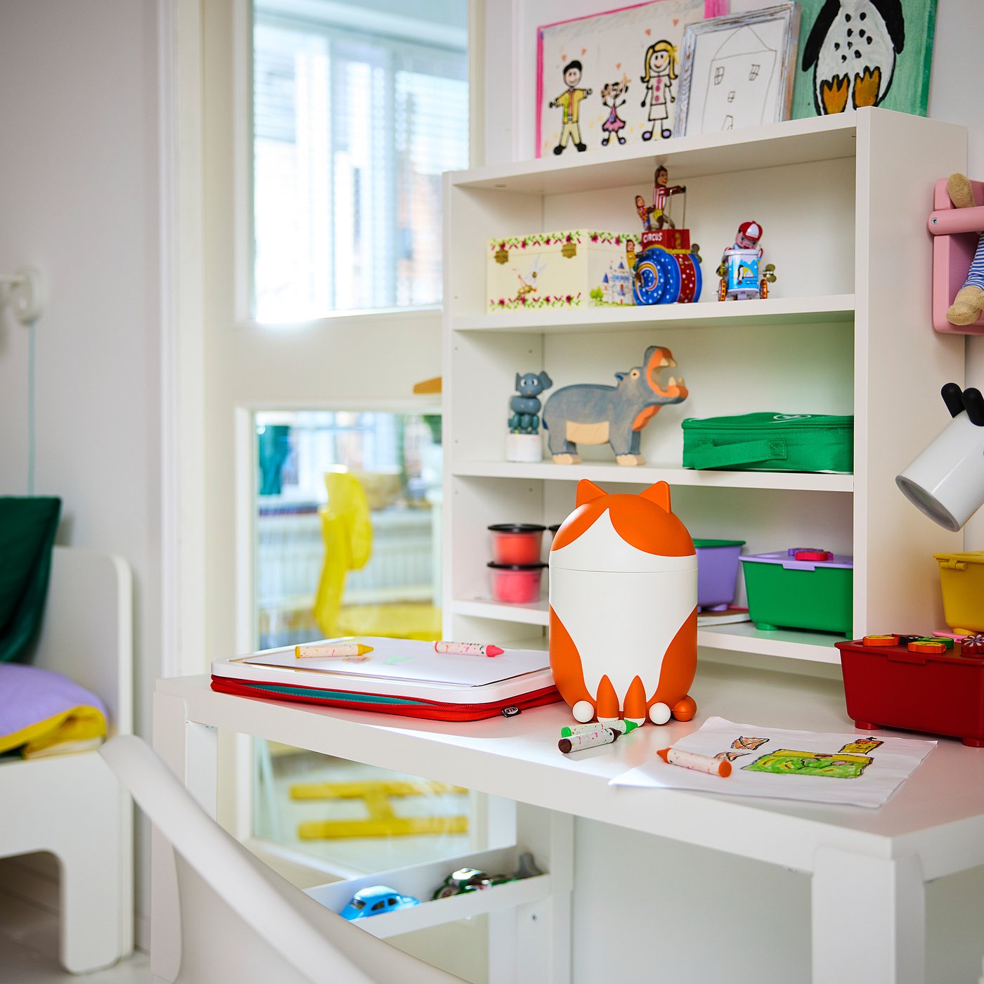GREJSIMOJS Storage with lid, cat-shaped orange/white