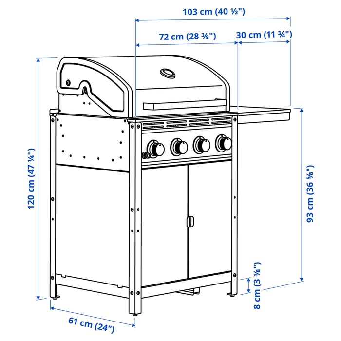 GRILLSKÄR gas barbecue w side table, stainless steel/outdoor, 79/103x61