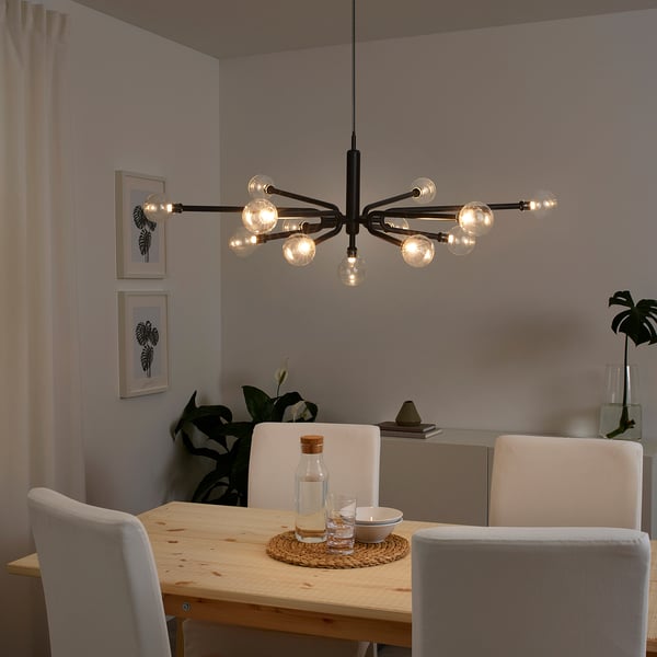 GRINSBYN Chandelier w light bulbs, 13-armed, black