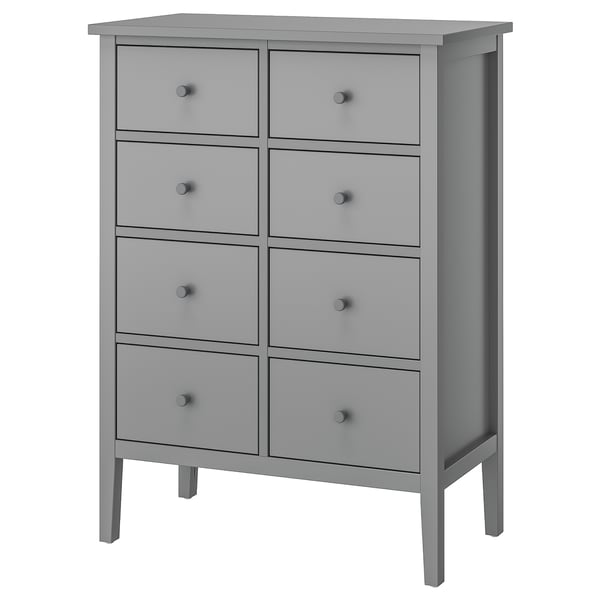 Grey GULLABERG 8-drawer dresser, sleek modern design with four rows, wooden knobs, sturdy legs.