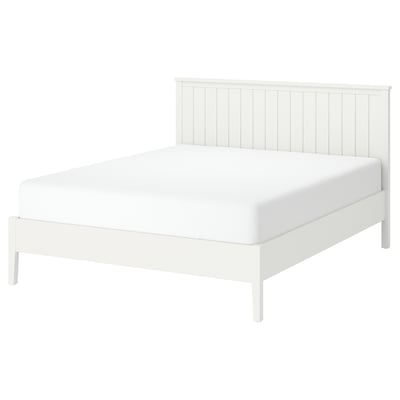 White GULLABERG bed: crisp, traditional, robust, with vertical grooves, slatted base, sturdy legs, clean-lined.
