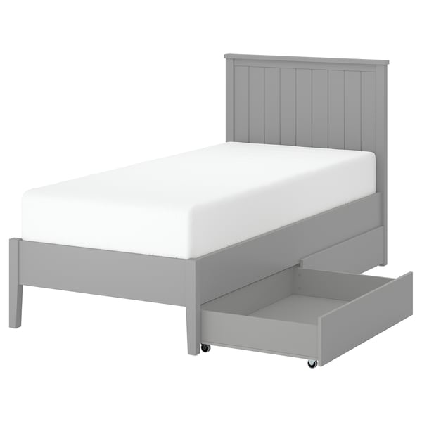 GULLABERG bed, light grey, wooden, simple design, 2 pull-out drawers, white mattress.
