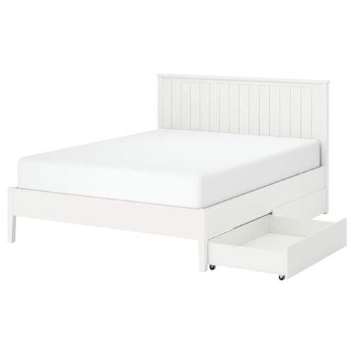 White GULLABERG bed with slatted headboard, wooden legs, and two large storage drawers.