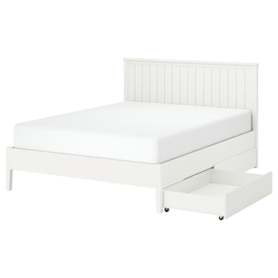 White GULLABERG bed with slatted headboard, wooden legs, and two large storage drawers.