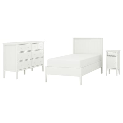 Displays a GULLABERG bedroom set in white, featuring a bed, bedside table, and dresser with clean lines and a minimalist design.