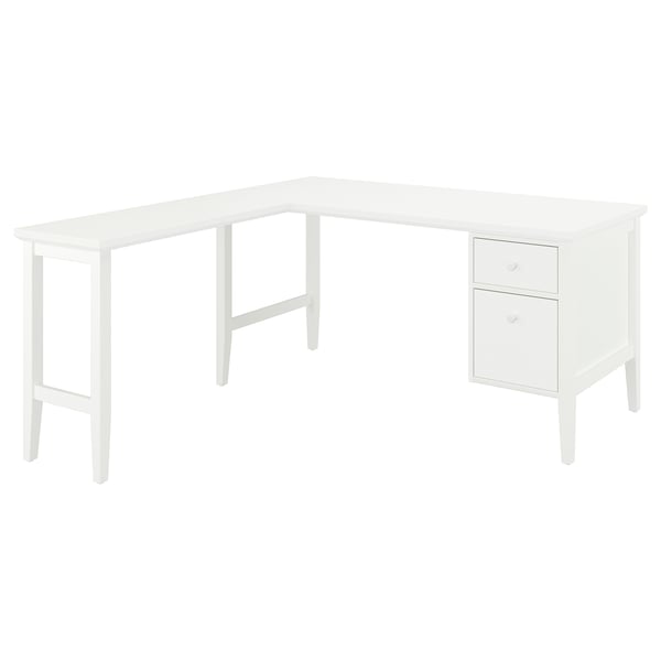 White GULLABERG l-shaped office desk with storage drawers.