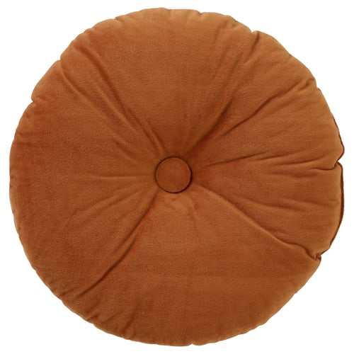 Round, golden brown cushion with soft suede-like surface, no visible markings or designs.