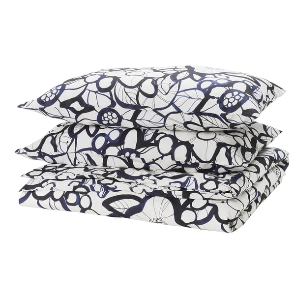 HÄRLIR bedding set, white/blue with floral design, folded; made from cotton/lyocell blend.