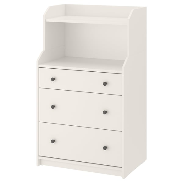 HAUGA chest in white with 3 drawers and top shelf, sleek design, wall-mountable.