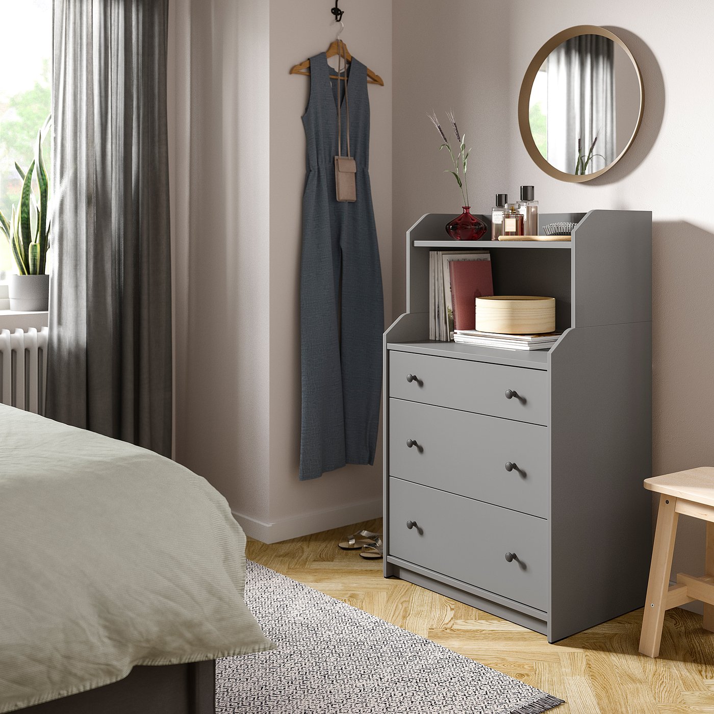 HAUGA chest of 3 drawers with shelf, gray, 70x46x116 cm (271/2x181