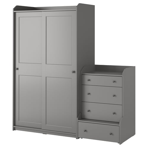 HAUGA set: grey wardrobe, chest with 4 drawers; modern, efficient storage.