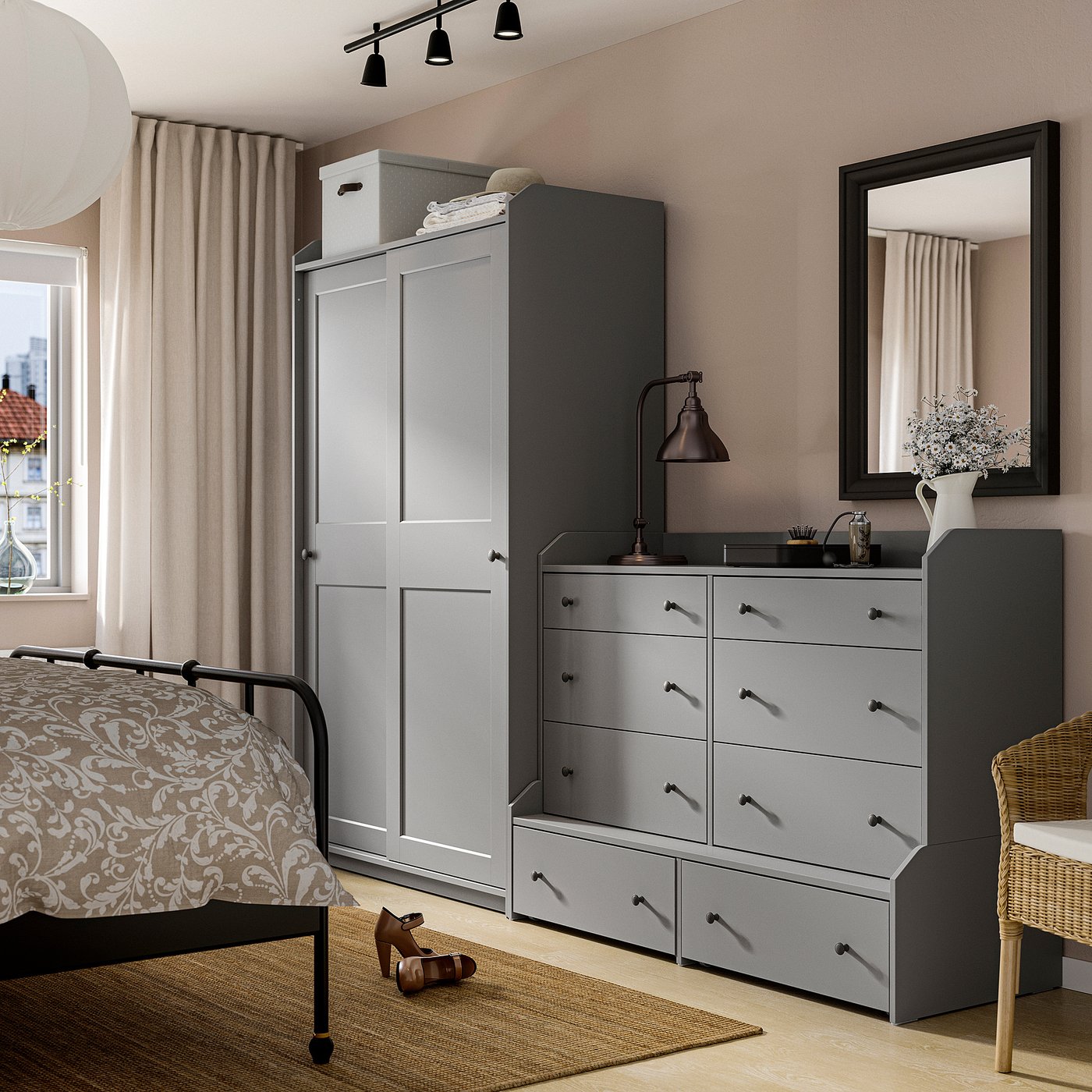 【新品】draw drawers wool 2way tops (GREY) HAUGA storage combination with drawers, gray, 256x55x199 cm