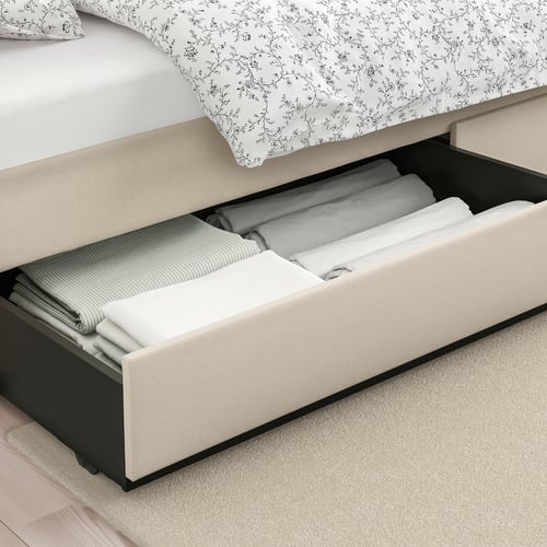 HAUGA upholstered bed, 4 storage boxes , Lofallet beige, Queen IKEA CA