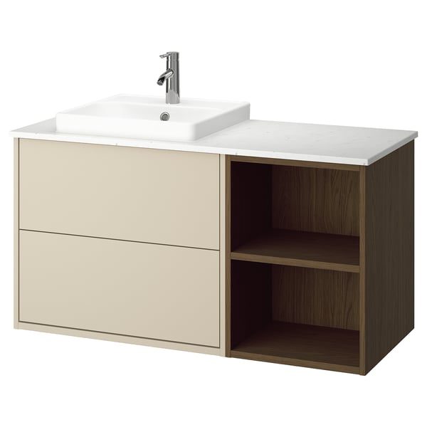 HAVBÄCK / ORRSJÖN Sink cab/sinks/faucet, beige/brown oak effect/white marble effect, 49x21 1/2x28 3/8 "