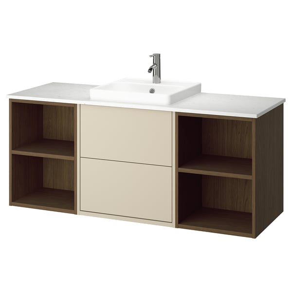 HAVBÄCK / ORRSJÖN Sink cab/sinks/faucet, beige/brown oak effect/white marble effect, 61x21 1/2x28 3/8 "