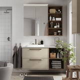 HAVBÄCK / ORRSJÖN Sink cab/sinks/faucet, beige/brown oak effect/white marble effect, 49x21 1/2x28 3/8 "
