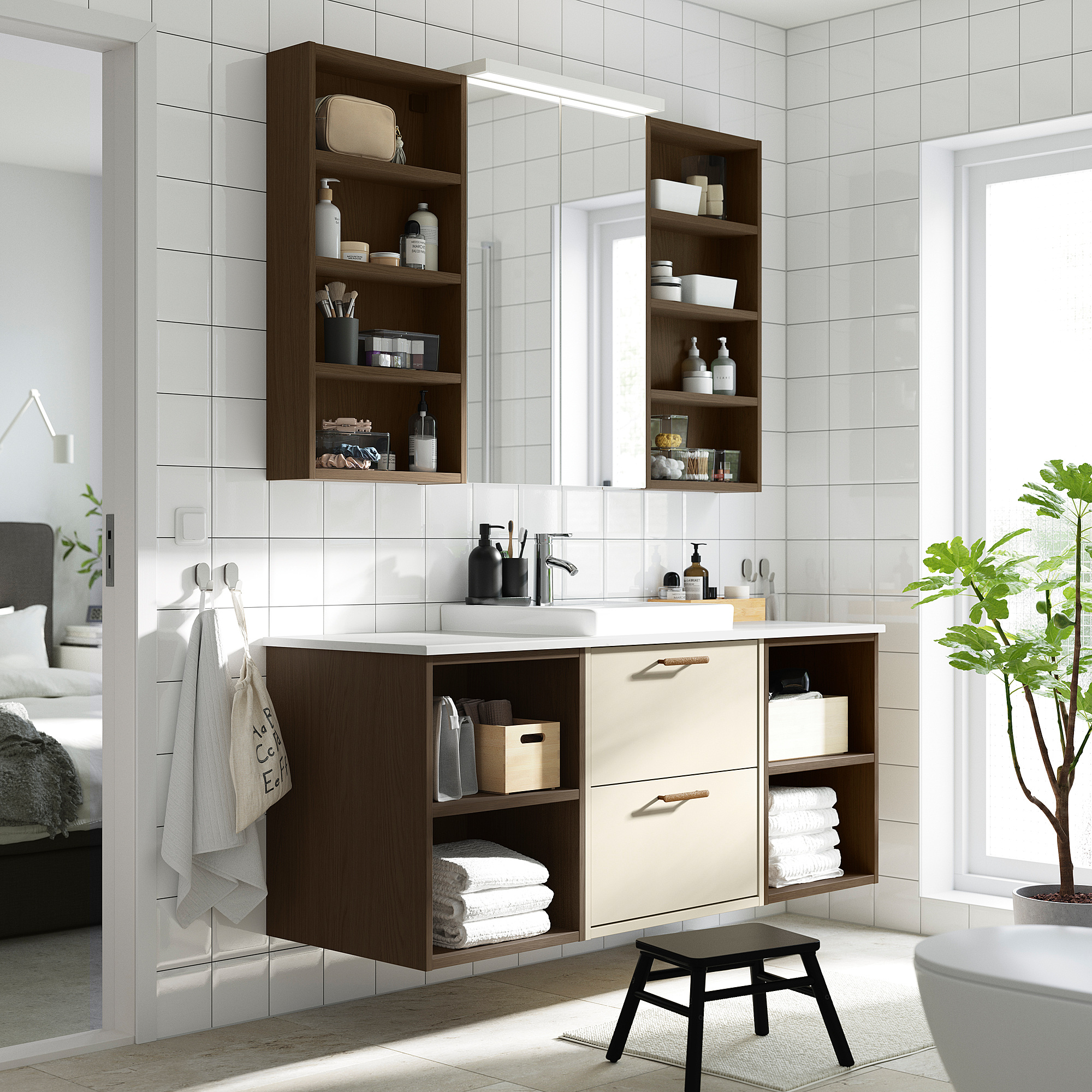 HAVBÄCK / ORRSJÖN Sink cab/sinks/faucet, beige/brown oak effect/white marble effect, 61x21 1/2x28 3/8 "