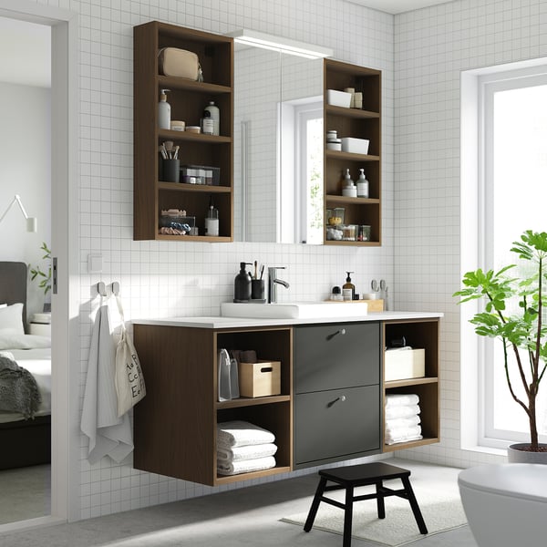 HAVBÄCK / ORRSJÖN Sink cab/sinks/faucet, dark grey/brown oak effect/white marble effect, 61x21 1/2x28 3/8 "