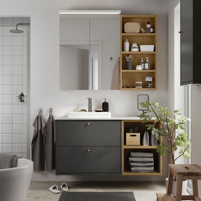 HAVBÄCK / ORRSJÖN Sink cab/sinks/faucet, dark grey/oak effect/white marble effect, 49x21 1/2x28 3/8 "