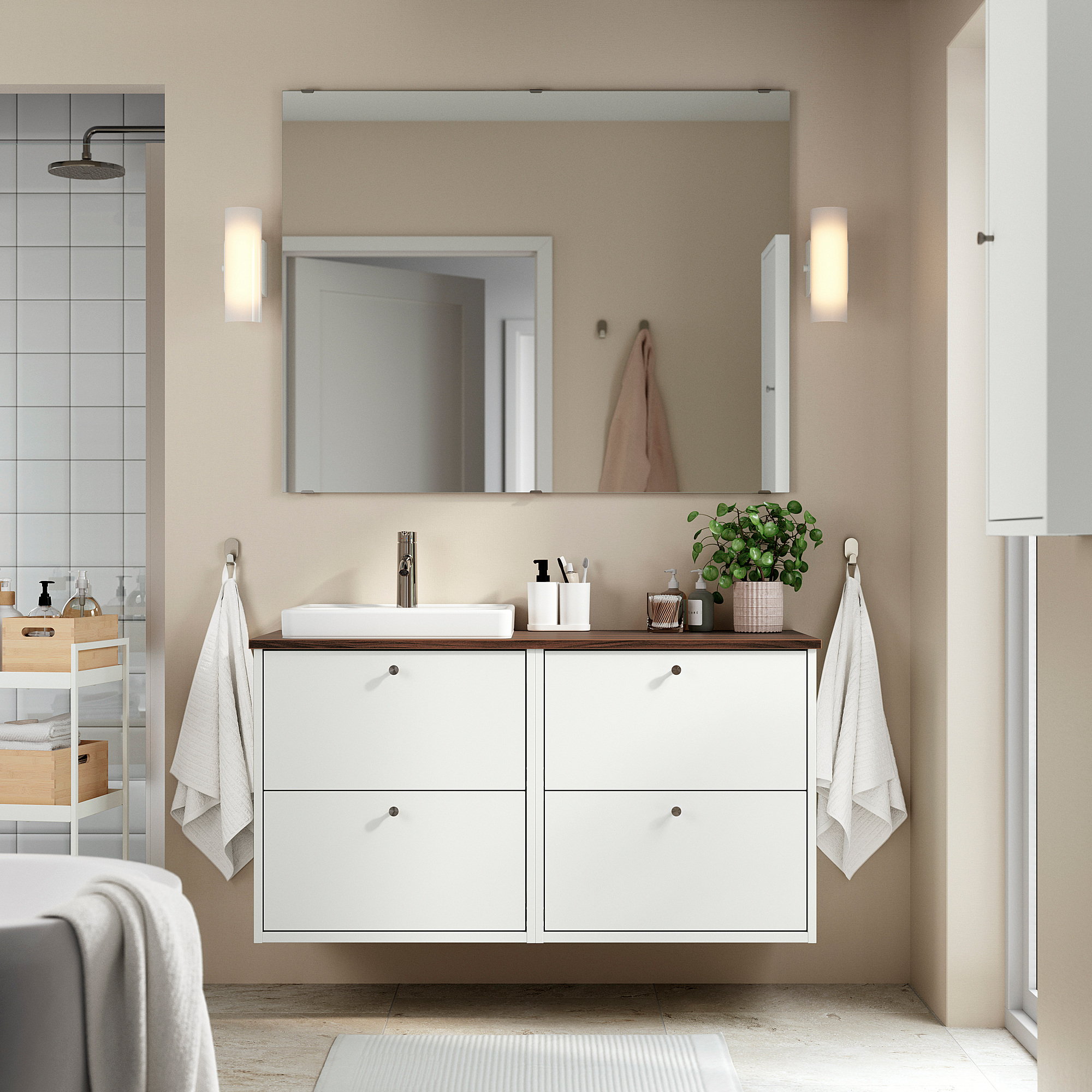 HAVBÄCK / ORRSJÖN Sink cab/sinks/faucet, white/brown walnut effect, 49x21 1/2x28 3/8 "