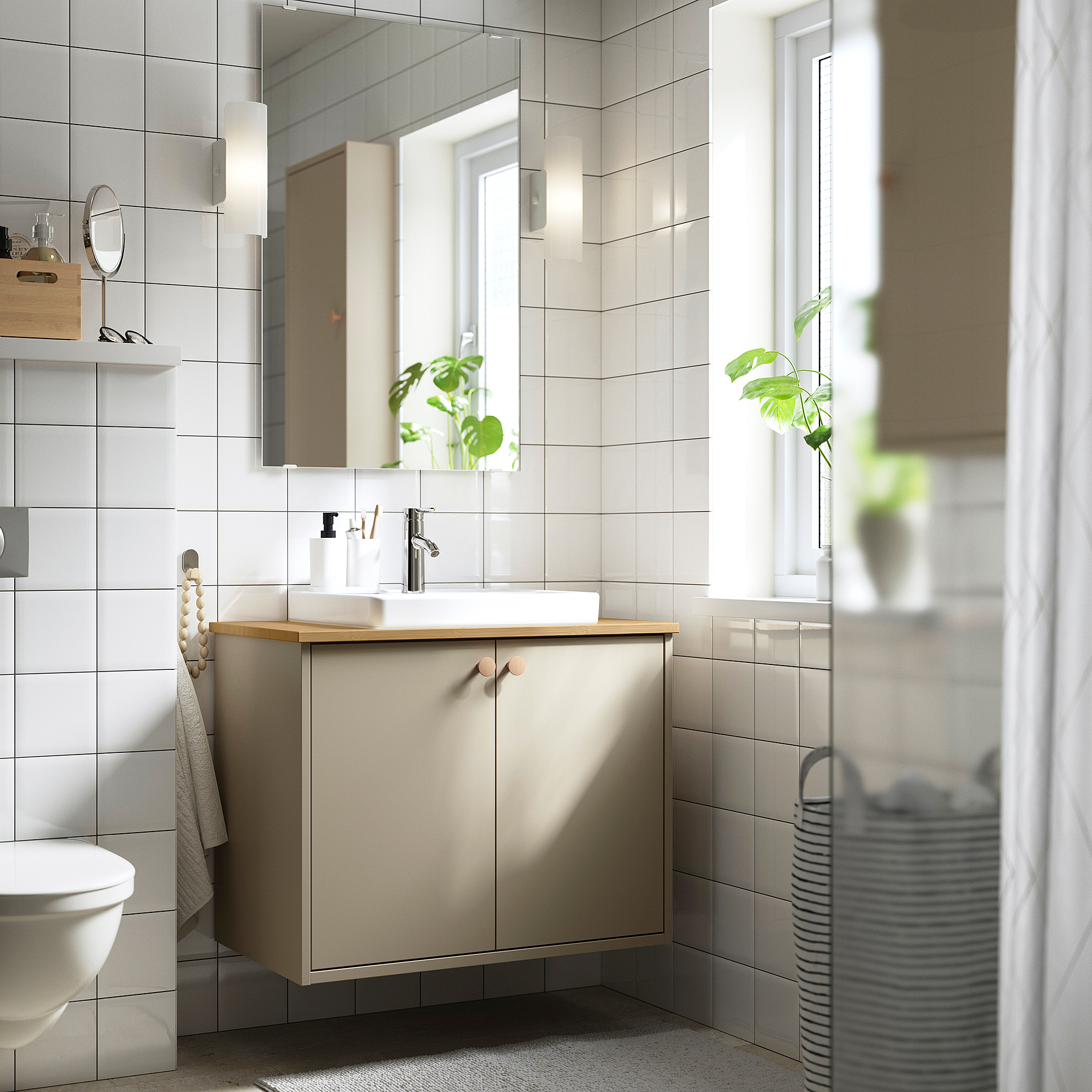 HAVBÄCK / ORRSJÖN Sink cab w doors/sink/tap, beige/bamboo, 31x21 1/2x28 3/8 "