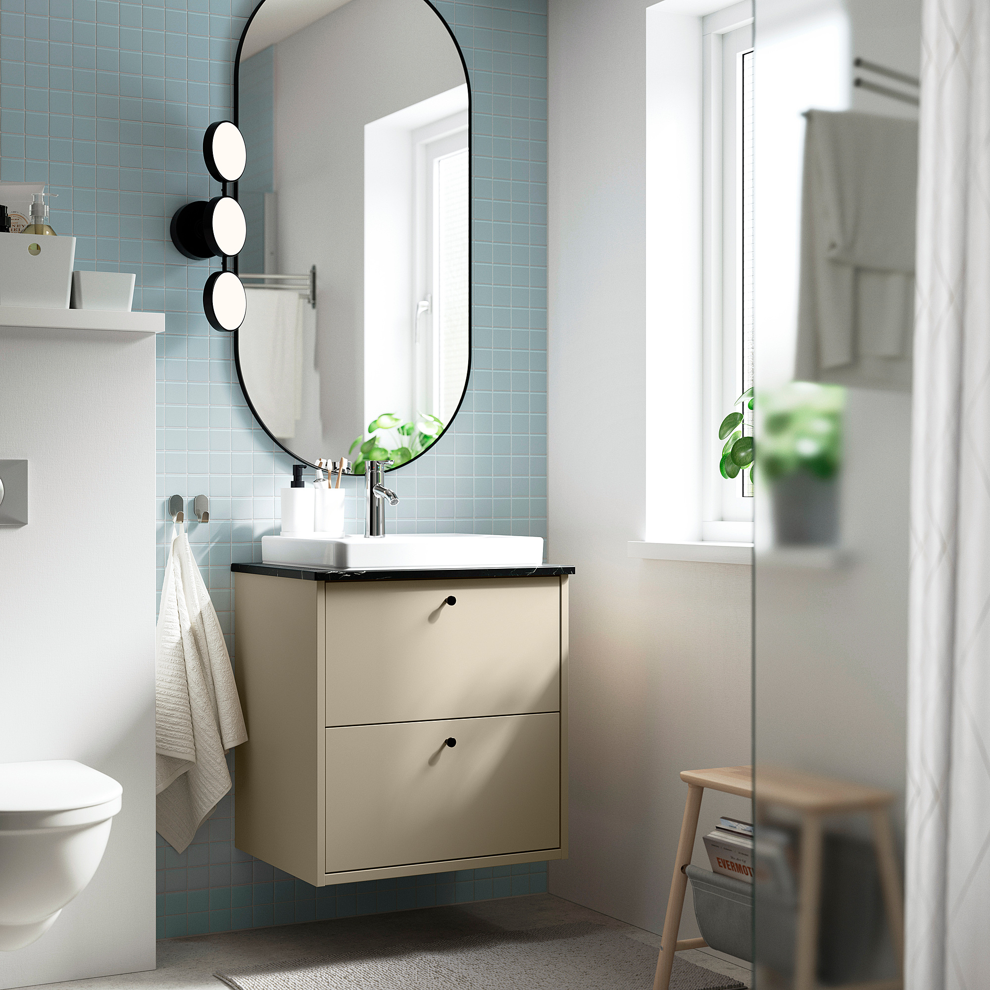 HAVBÄCK / ORRSJÖN Sink cab w drawers/sink/tap, beige/black marble effect, 25x21 1/2x28 3/8 "