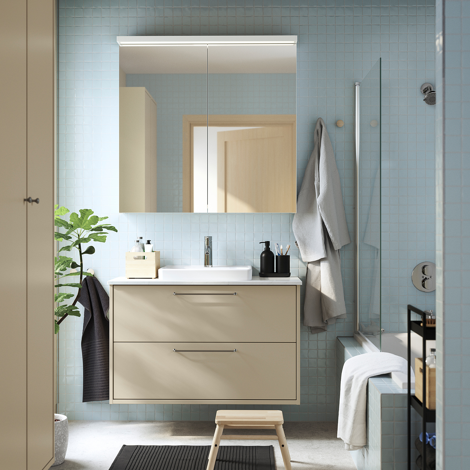 HAVBÄCK / ORRSJÖN Sink cab w drawers/sink/tap, beige/white marble effect, 37x21 1/2x28 3/8 "