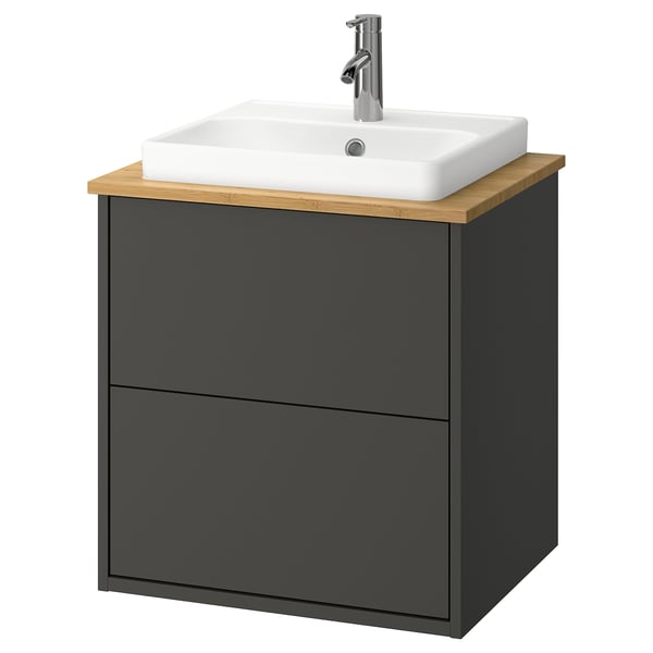 HAVBÄCK / ORRSJÖN Sink cab w drawers/sink/tap, dark gray/bamboo, 25x21 1/2x28 3/8 "