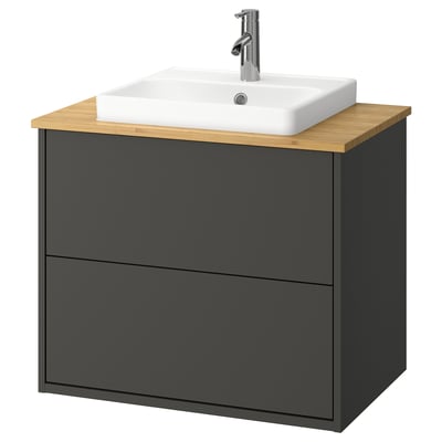 Grey HAVBÄCK vanity with bamboo top, white basin, modern style.