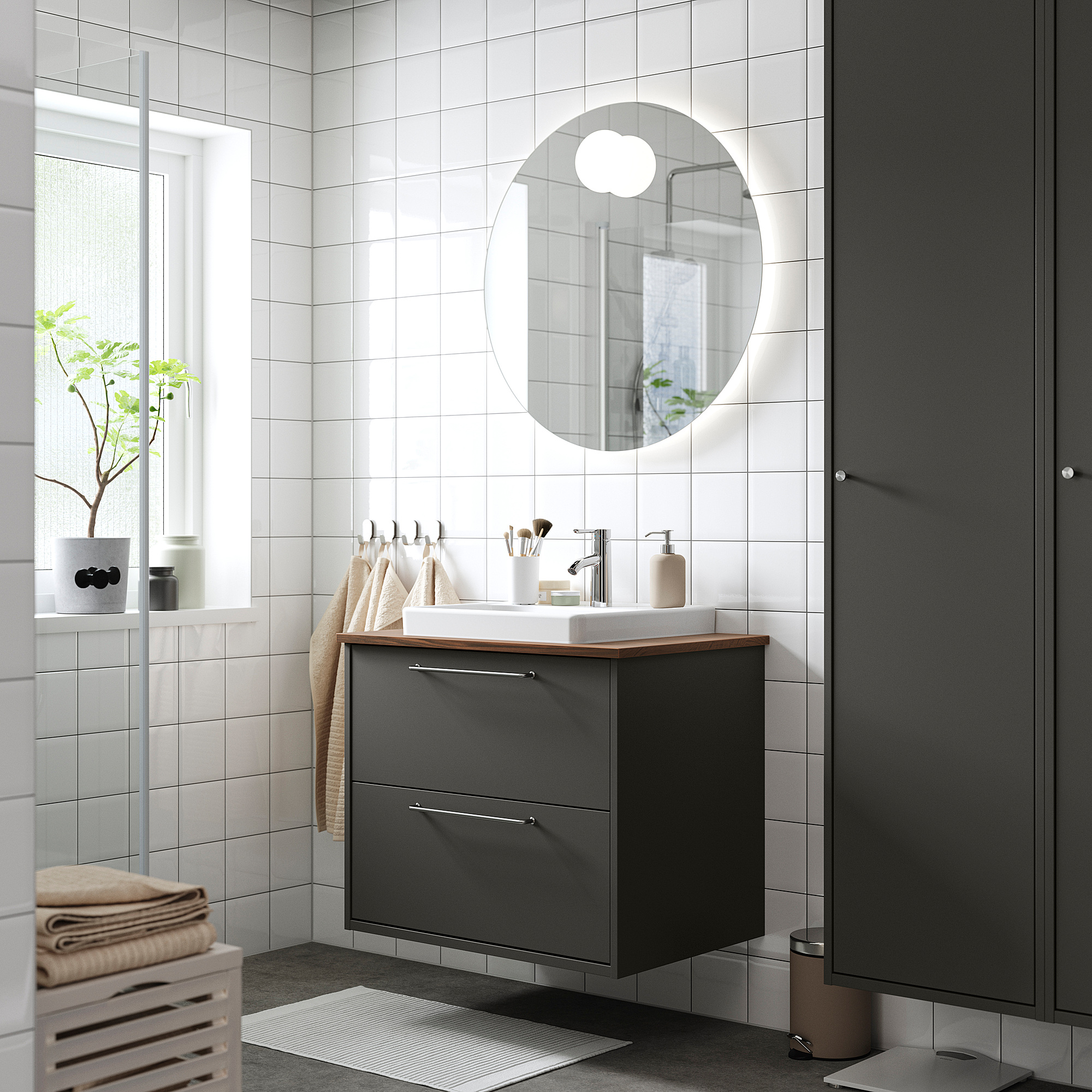 HAVBÄCK / ORRSJÖN Sink cab w drawers/sink/tap, dark gray/brown walnut effect, 31x21 1/2x28 3/8 "