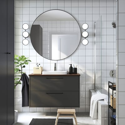 HAVBÄCK / ORRSJÖN Sink cab w drawers/sink/tap, dark gray/brown walnut effect, 37x21 1/2x28 3/8 "