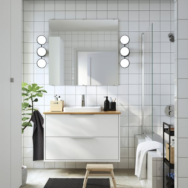 HAVBÄCK / ORRSJÖN Sink cab w drawers/sink/tap, white/bamboo, 37x21 1/2x28 3/8 "