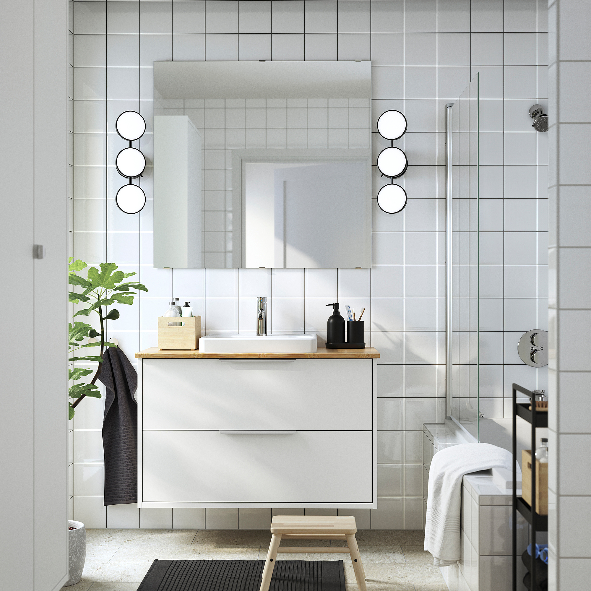 HAVBÄCK / ORRSJÖN Sink cab w drawers/sink/tap, white/bamboo, 37x21 1/2x28 3/8 "