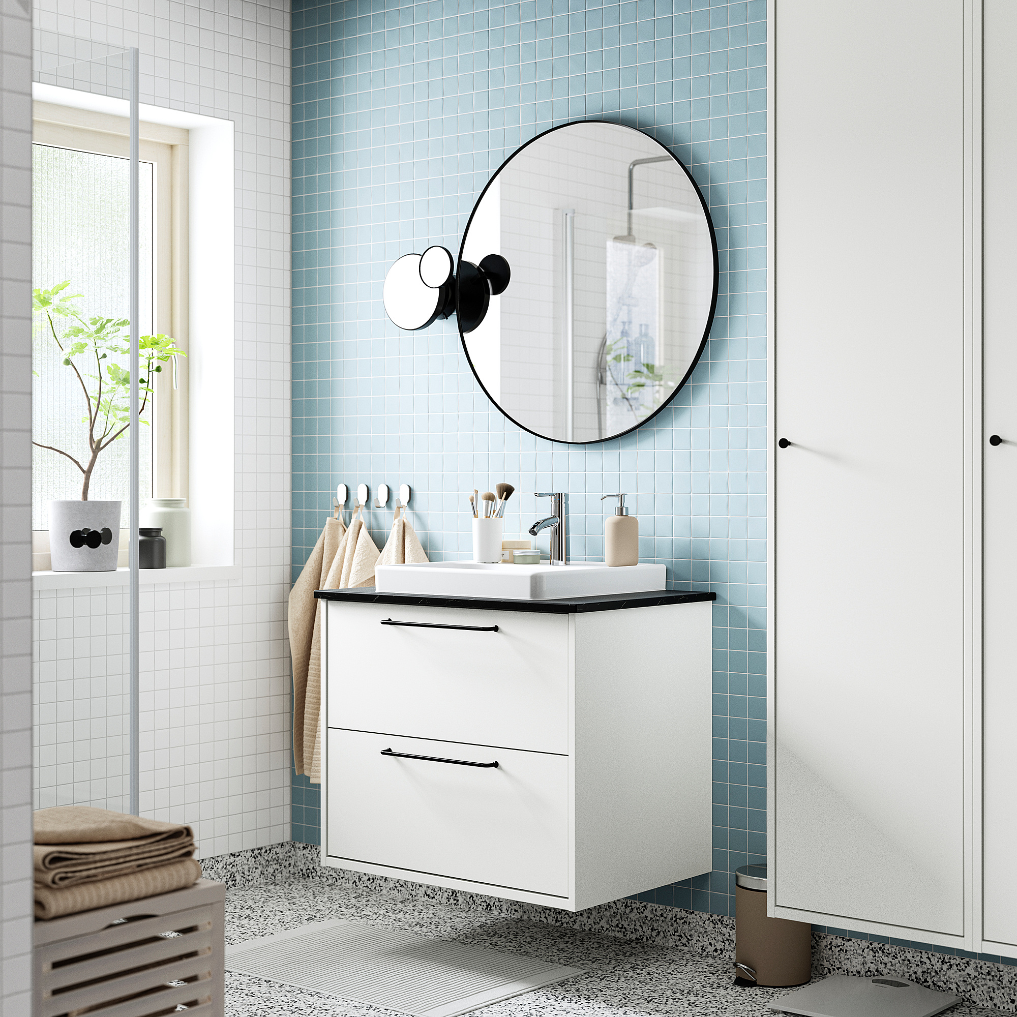 HAVBÄCK / ORRSJÖN Sink cab w drawers/sink/tap, white/black marble effect, 31x21 1/2x28 3/8 "
