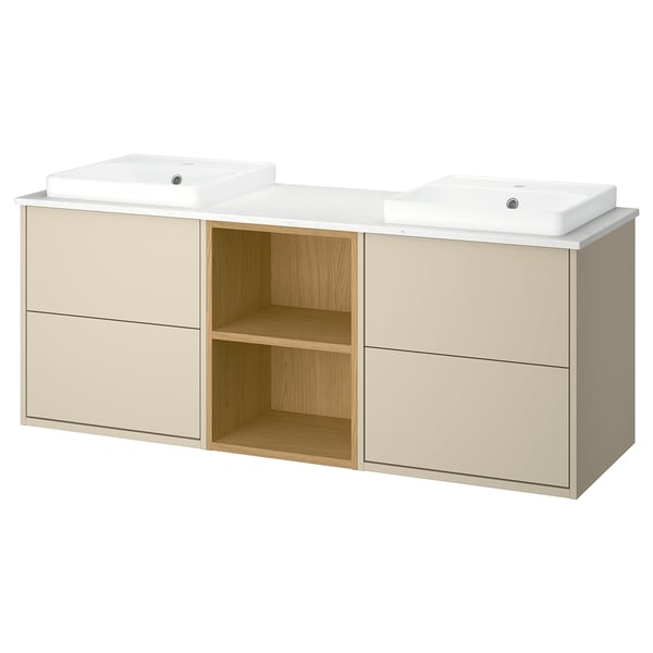 HAVBÄCK double beige vanity, modern design with open shelf, two drawers, ceramic basins.