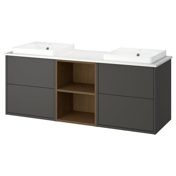 Modern dark grey HAVBÄCK bathroom vanity with dual white sinks, marble countertop, and wood shelves.