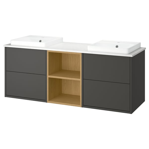 Modern grey double bathroom vanity with 2 basins, grey and wood, sleek design.
