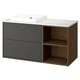 Grey and wood vanity unit with marble countertop and white sink.