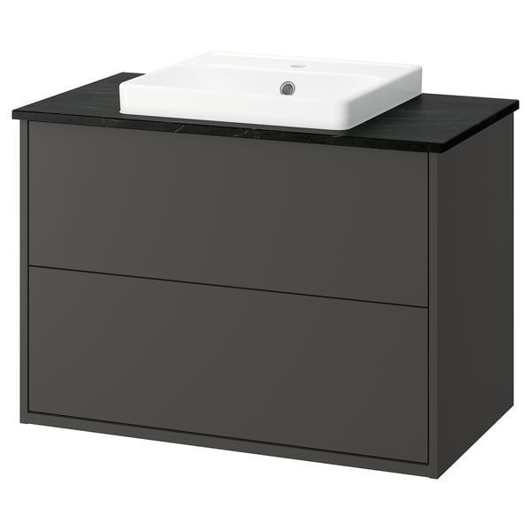 HAVBÄCK: dark grey washstand, rectangular sink, drawers, modern design.