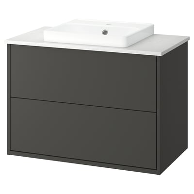 Havbekk vanity: charcoal grey cabinet, white marble top, rectangular sink.